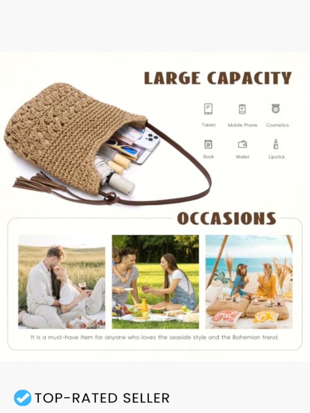 Straw Woven Tote Bag Summer Beach Crochet Hobo Shoulder Bag Handmade Vacation - Picture 6 of 7